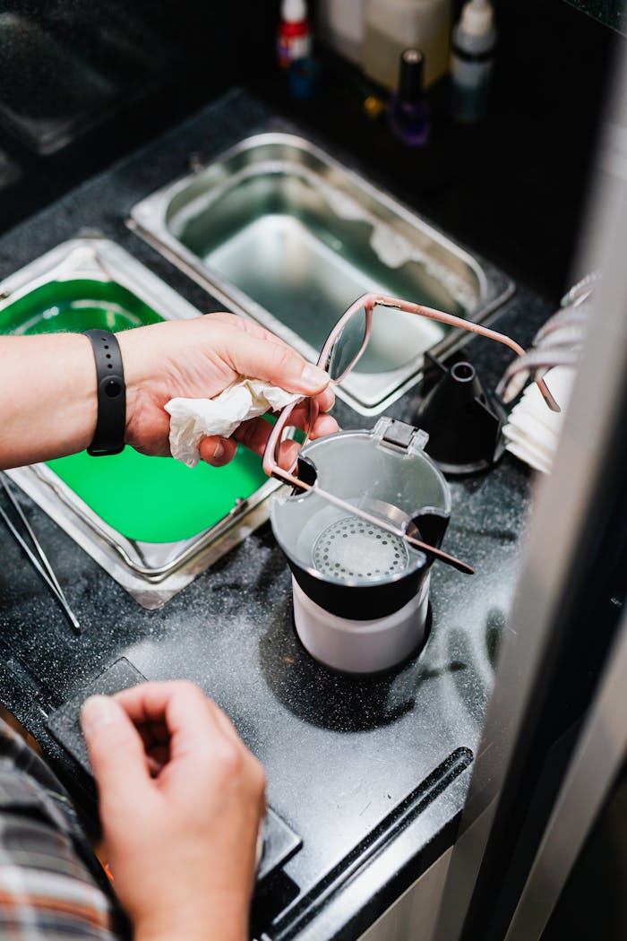 Close-up of an optician cleaning eyeglasses in a workshop setting using tools and technology.