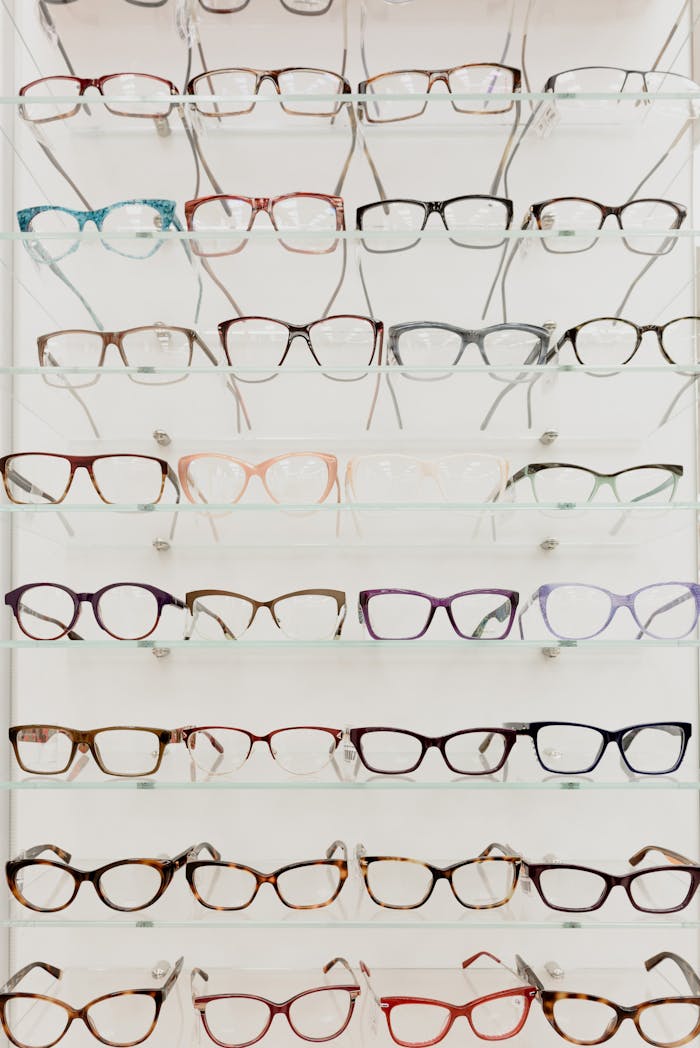 Stylish rims with lenses for vision arranged on glass shelves in ophthalmology salon